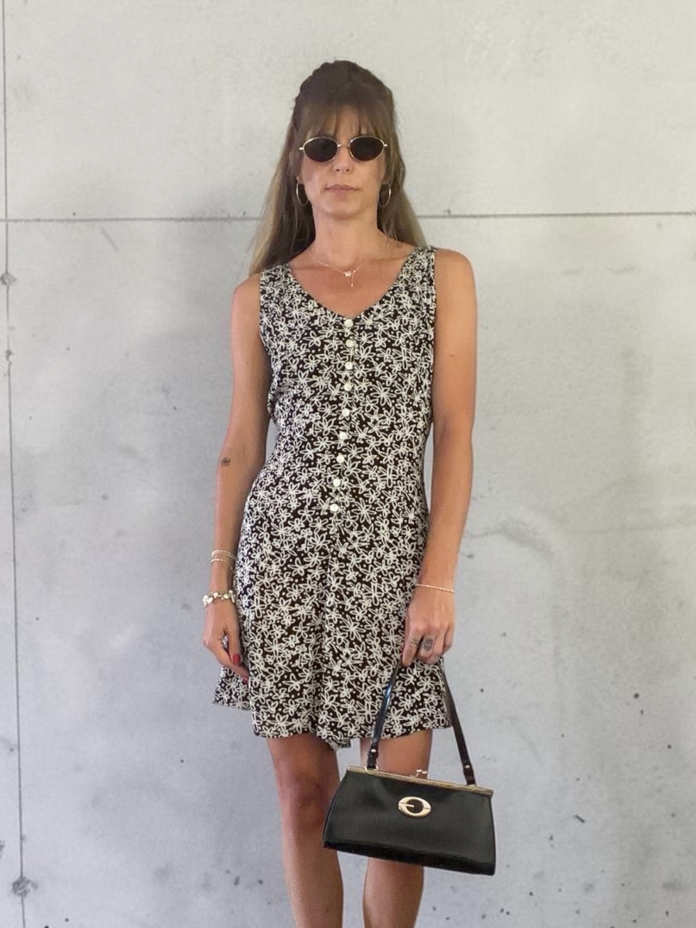 Vintage Black & White Floral V-Neck Mini Dress size 4